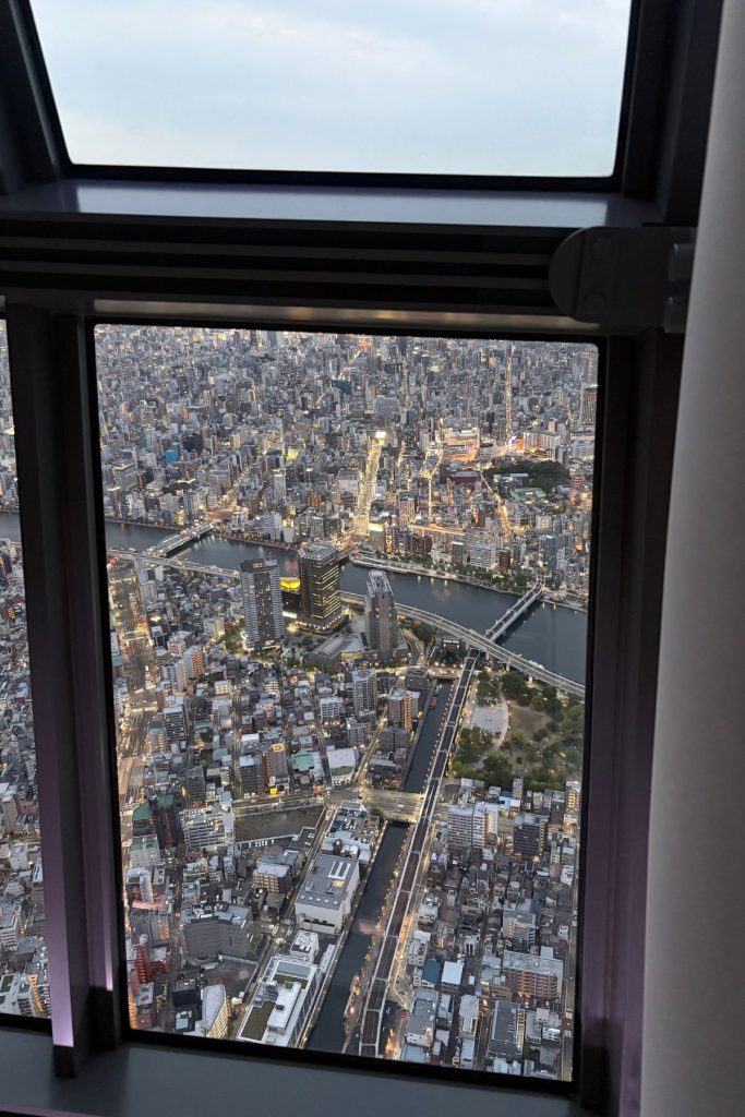 View through the observation deck window of the Sumida River and city lights at dusk