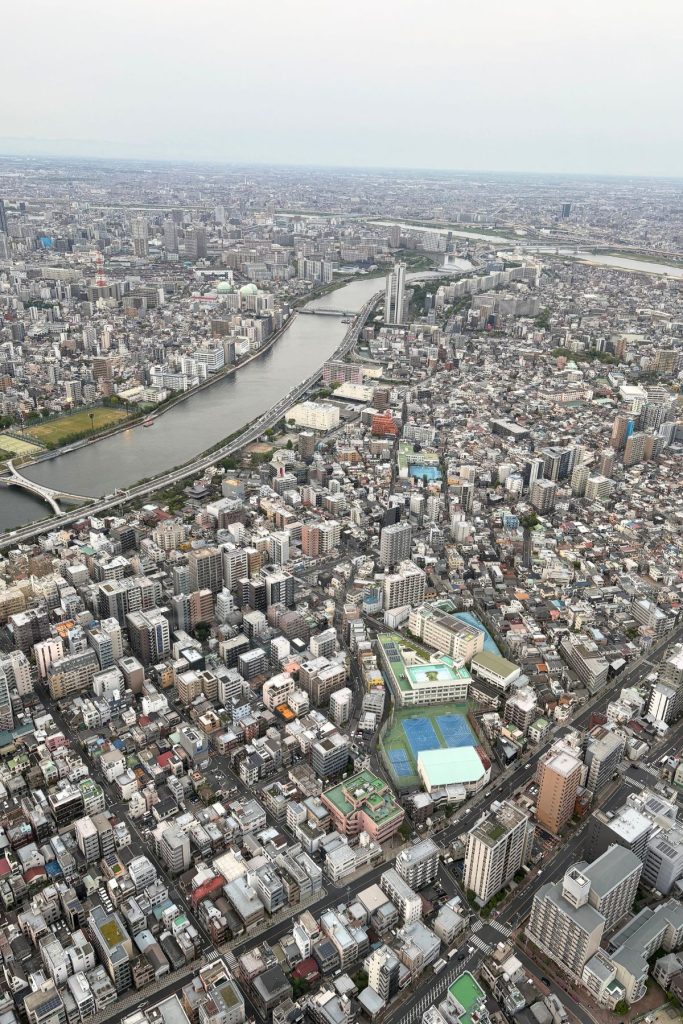 Aerial view of Tokyo along the Sumida River at dusk from Tokyo Skytree