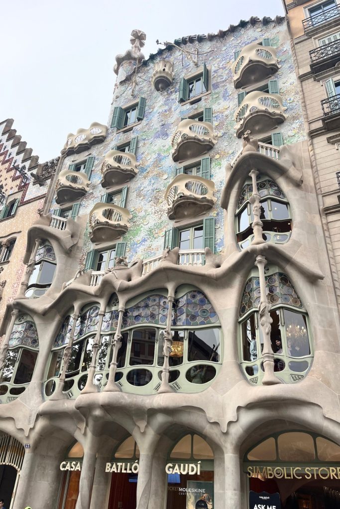 Casa Batlló facade close-up showing curved balconies and stained glass windows