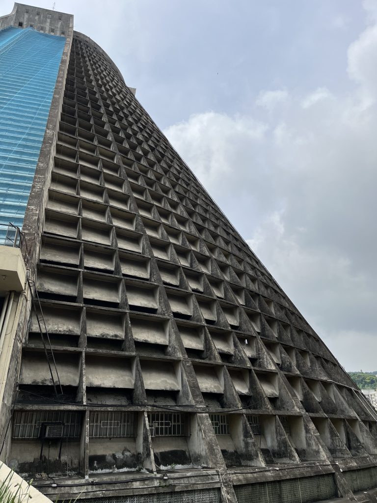 Low-angle view of the concrete waffle facade of the Metropolitan Cathedral of Rio de Janeiro