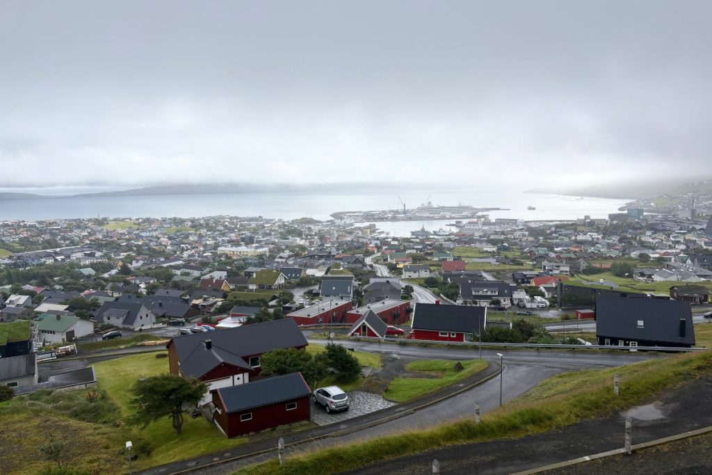 Aerial view of Tórshavn and its harbor from a hillside overlook, Faroe Islands