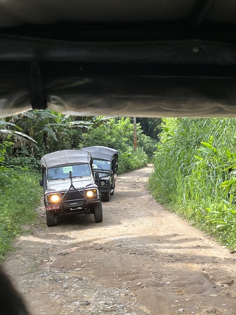 Two Land Rover 4x4 vehicles driving on a dirt jungle road near Paraty, Brazil
