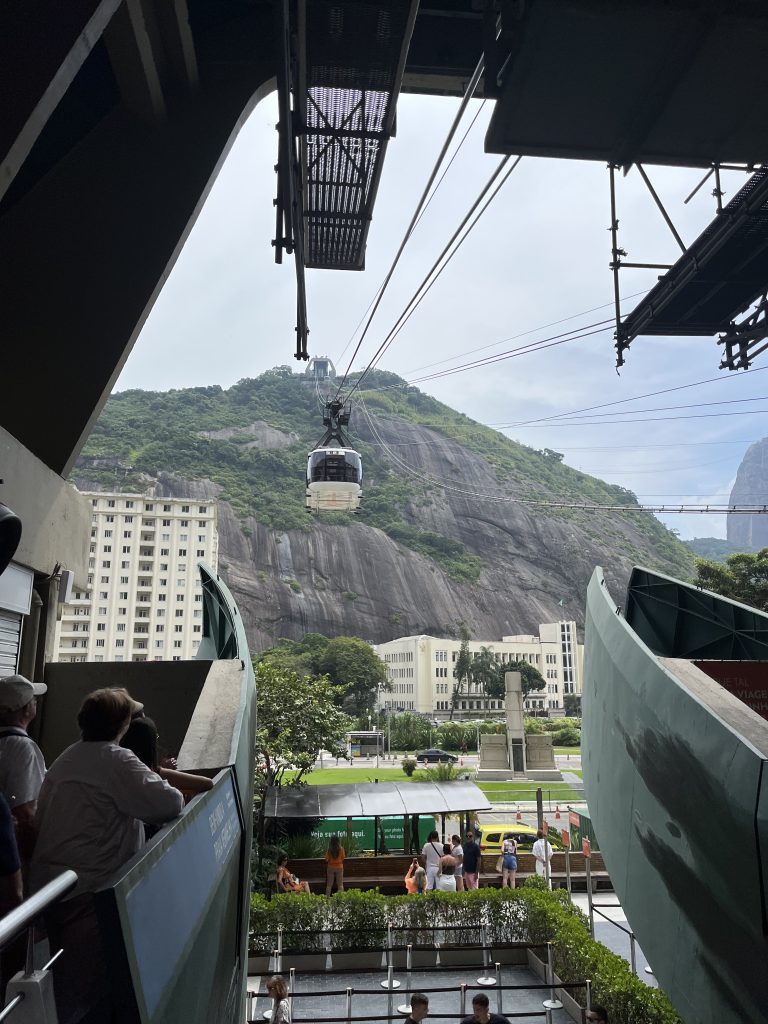 Looking up at the Sugarloaf cable car system from the boarding station in Rio de Janeiro