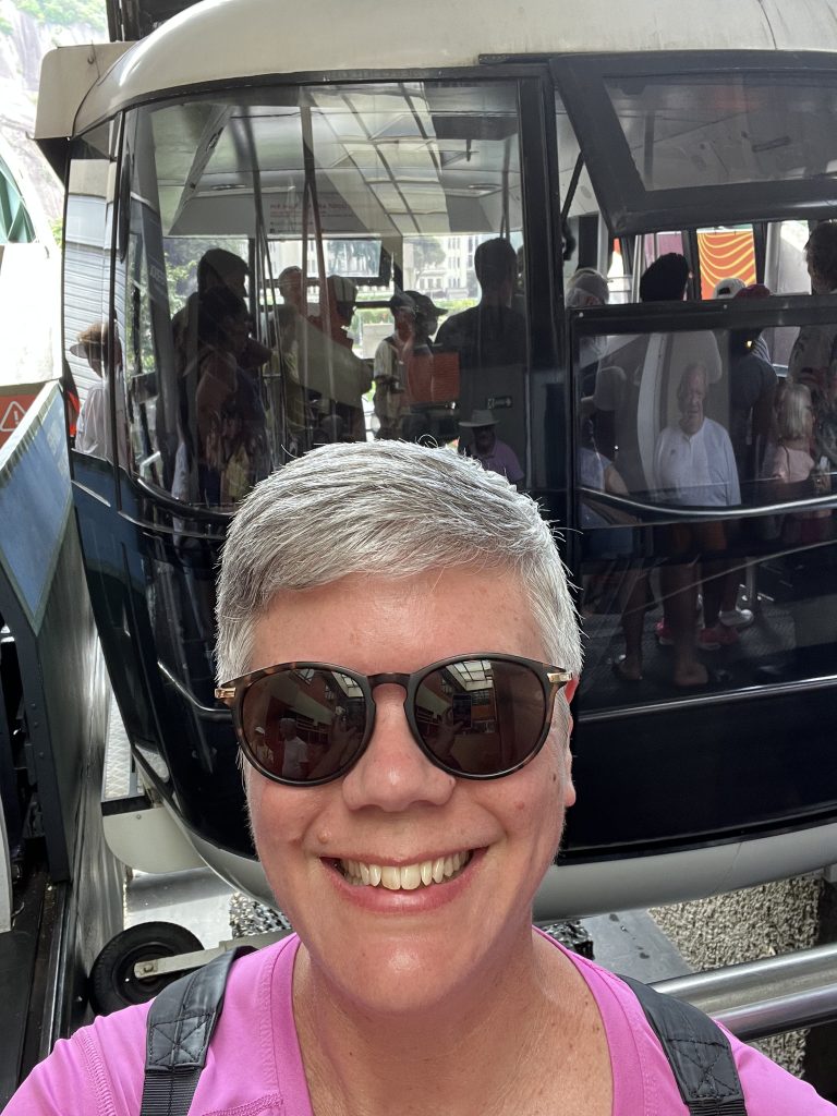 Selfie inside a crowded Sugarloaf cable car cabin in Rio de Janeiro