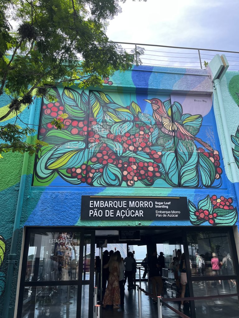 Colorful mural at the Embarque Morro Pão de Açúcar boarding station for the Sugarloaf cable car in Rio de Janeiro