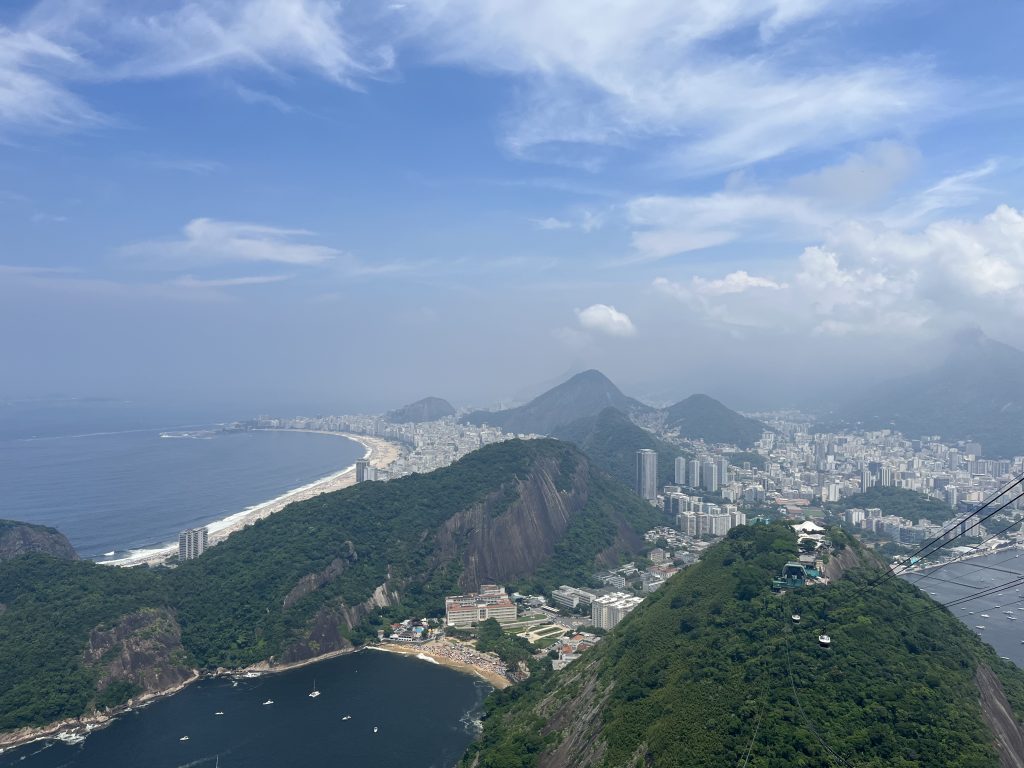 Aerial view of the curve of Copacabana Beach from Sugarloaf Mountain in Rio de Janeiro