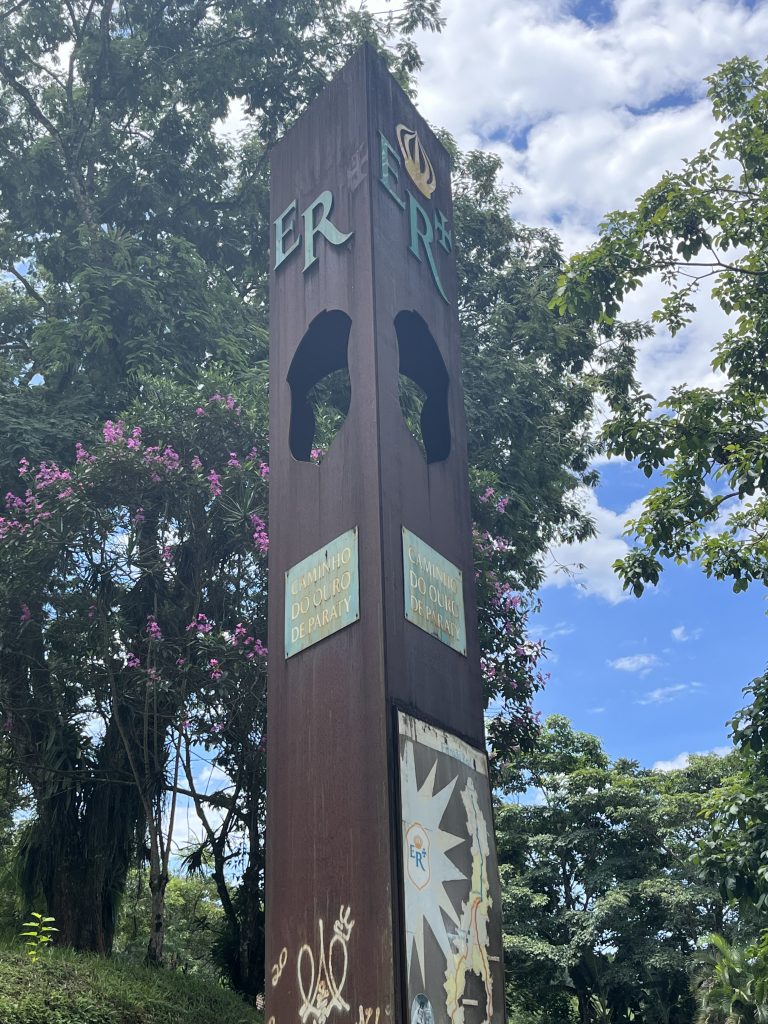 Historic marker for the Caminho do Ouro (Gold Trail) near Paraty, Brazil