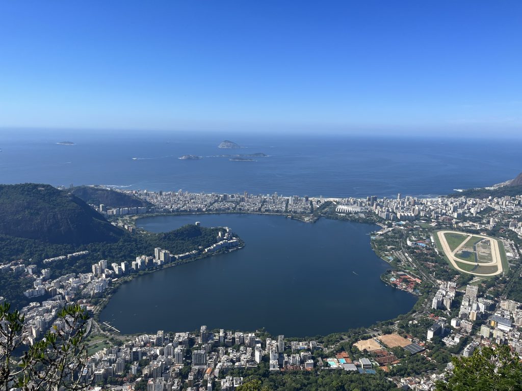 Aerial view of Lagoa Rodrigo de Freitas lagoon from the summit of Christ the Redeemer in Rio de Janeiro