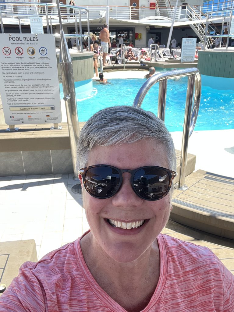 Selfie at a table by the pool on a cruise ship during a Shrove Tuesday lunch in Rio de Janeiro