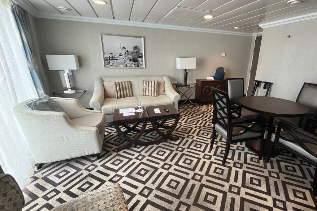 Living room seating area in an Ocean Suite aboard Azamara Quest