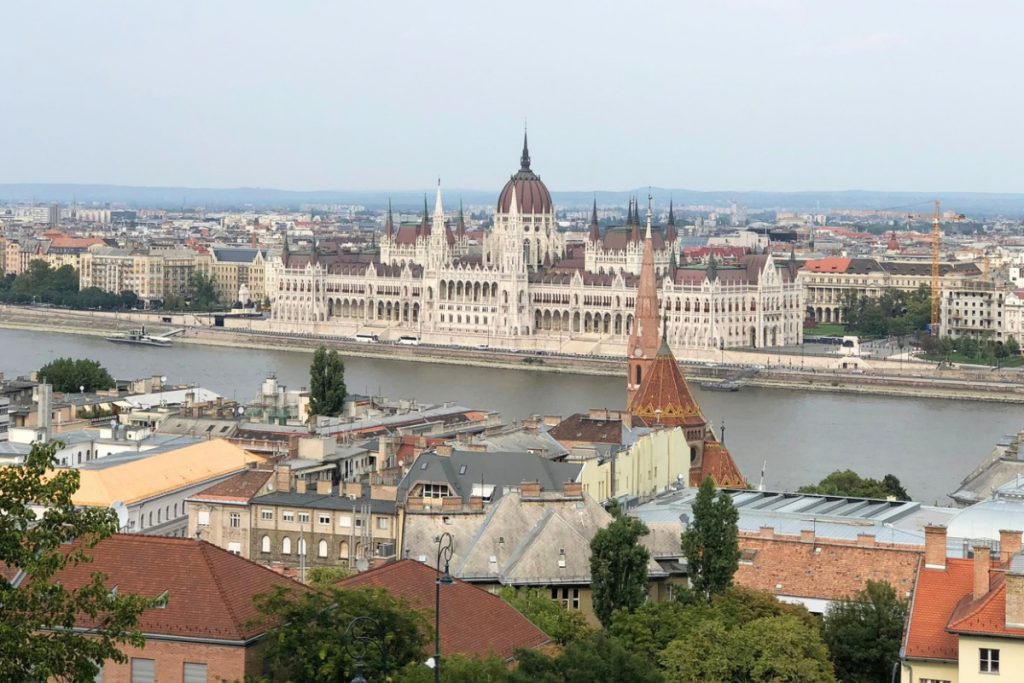 Elevated view of the Hungarian Parliament Building across the Danube River in Budapest.