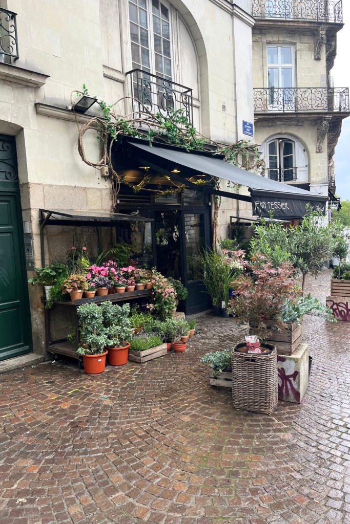 A flower shop with potted plants and a black awning on a wet cobblestone street in Nantes, France