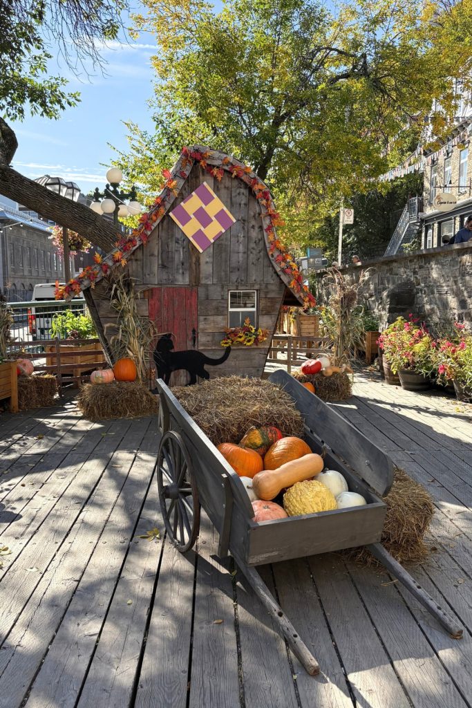 A wooden cart filled with pumpkins and squash on a deck decorated for fall, with a rustic barn-style display behind it.